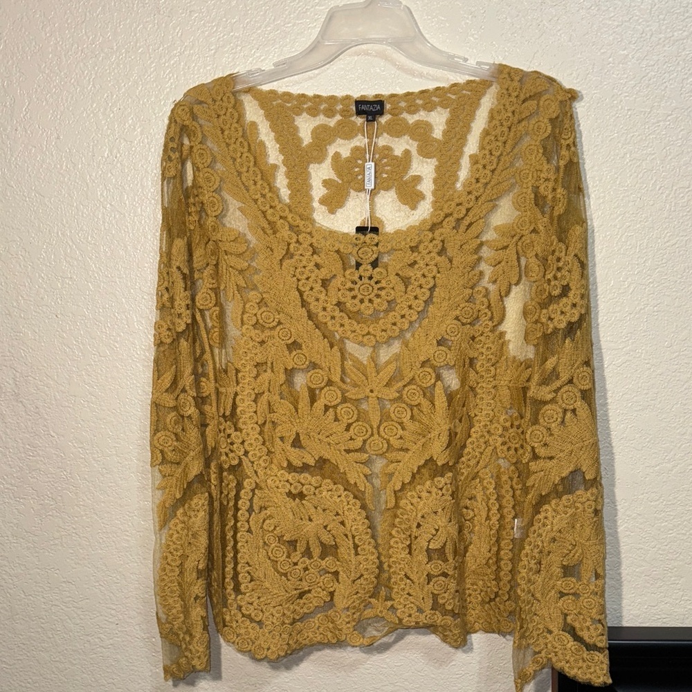 Fantazia Gold Sheer Lace Blouse Women’s XL Boho Festival Dressy NWT Top